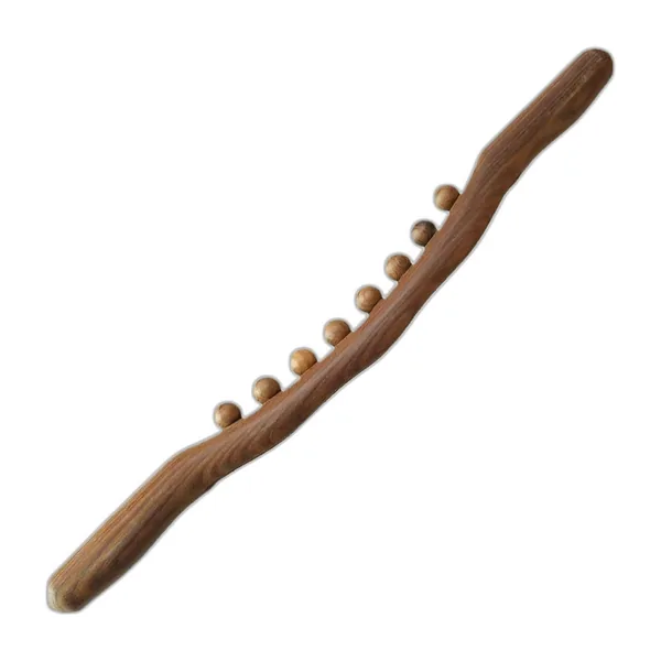 Dark brown wooden massage stick with beads, diagonal view
