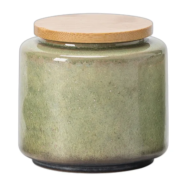 Speckled green ceramic tea caddy with bamboo lid