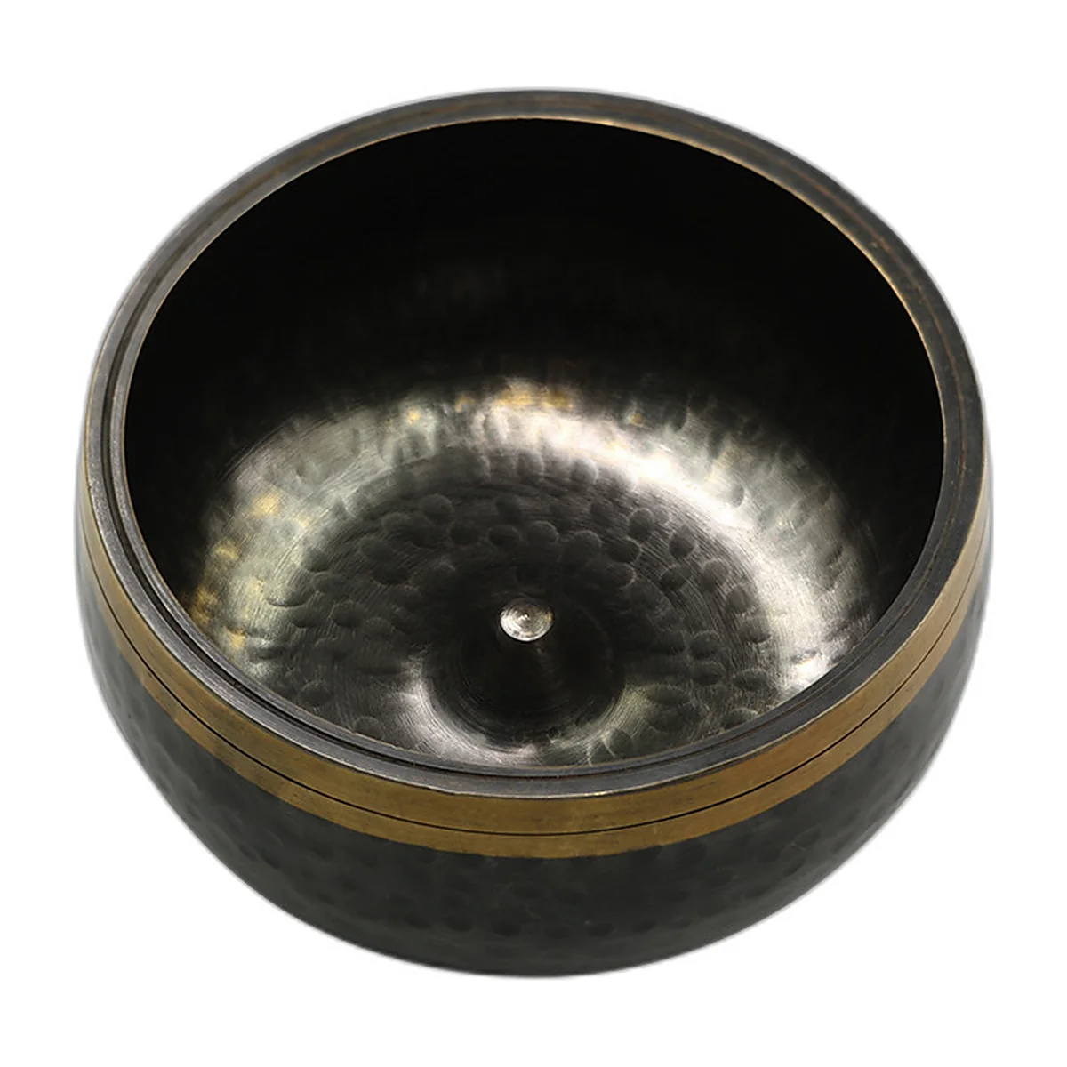 Black hammered sound bowl with a gold band, three-quarter view