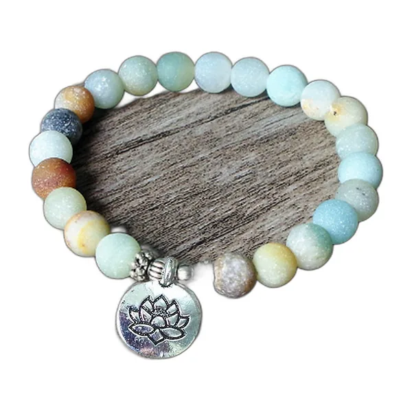 Matte amazonite bead bracelet with silver lotus charm