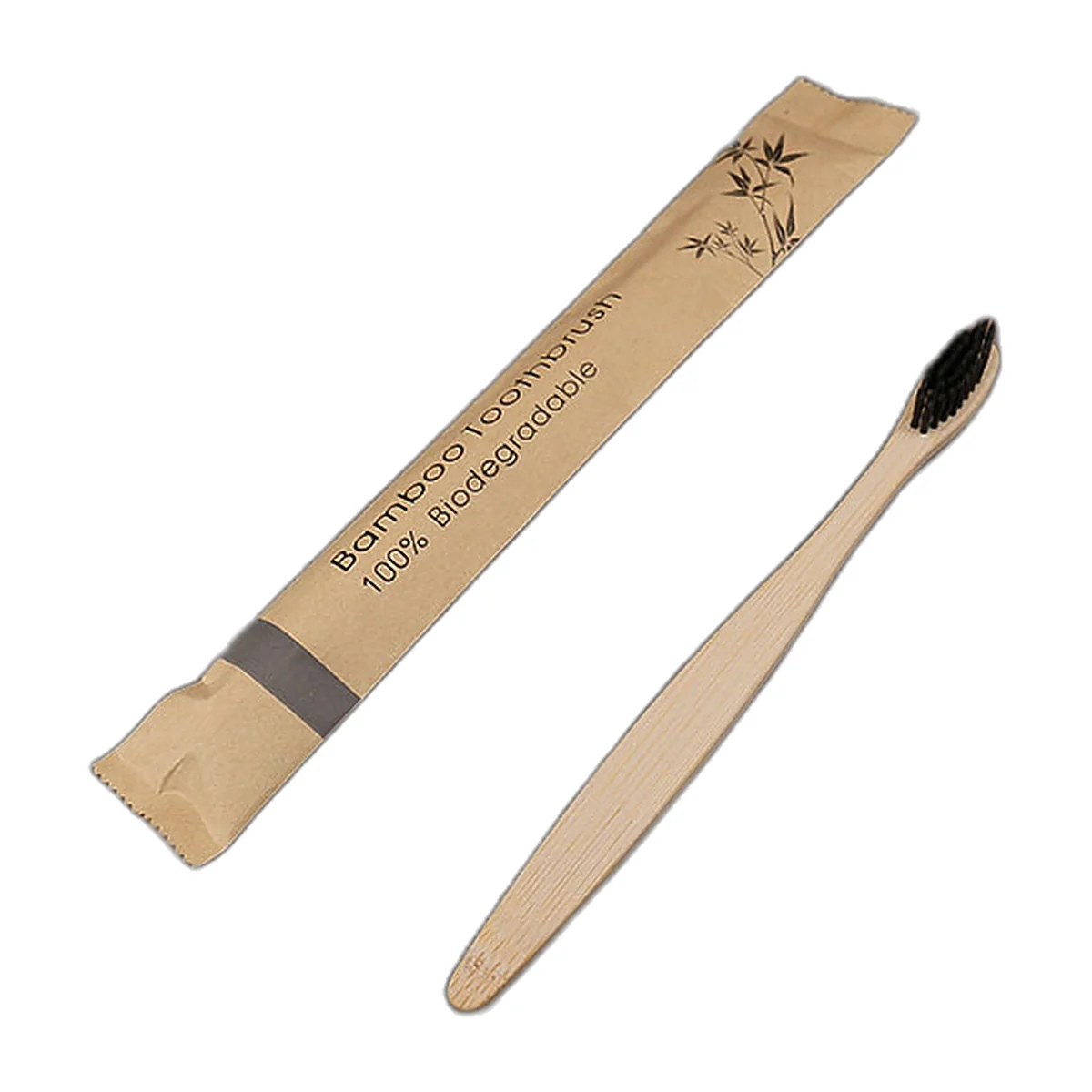 Bamboo toothbrush with black bristles and kraft paper sleeve