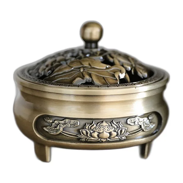 Bronze-coloured tripod incense burner with a pierced lotus-leaf lid