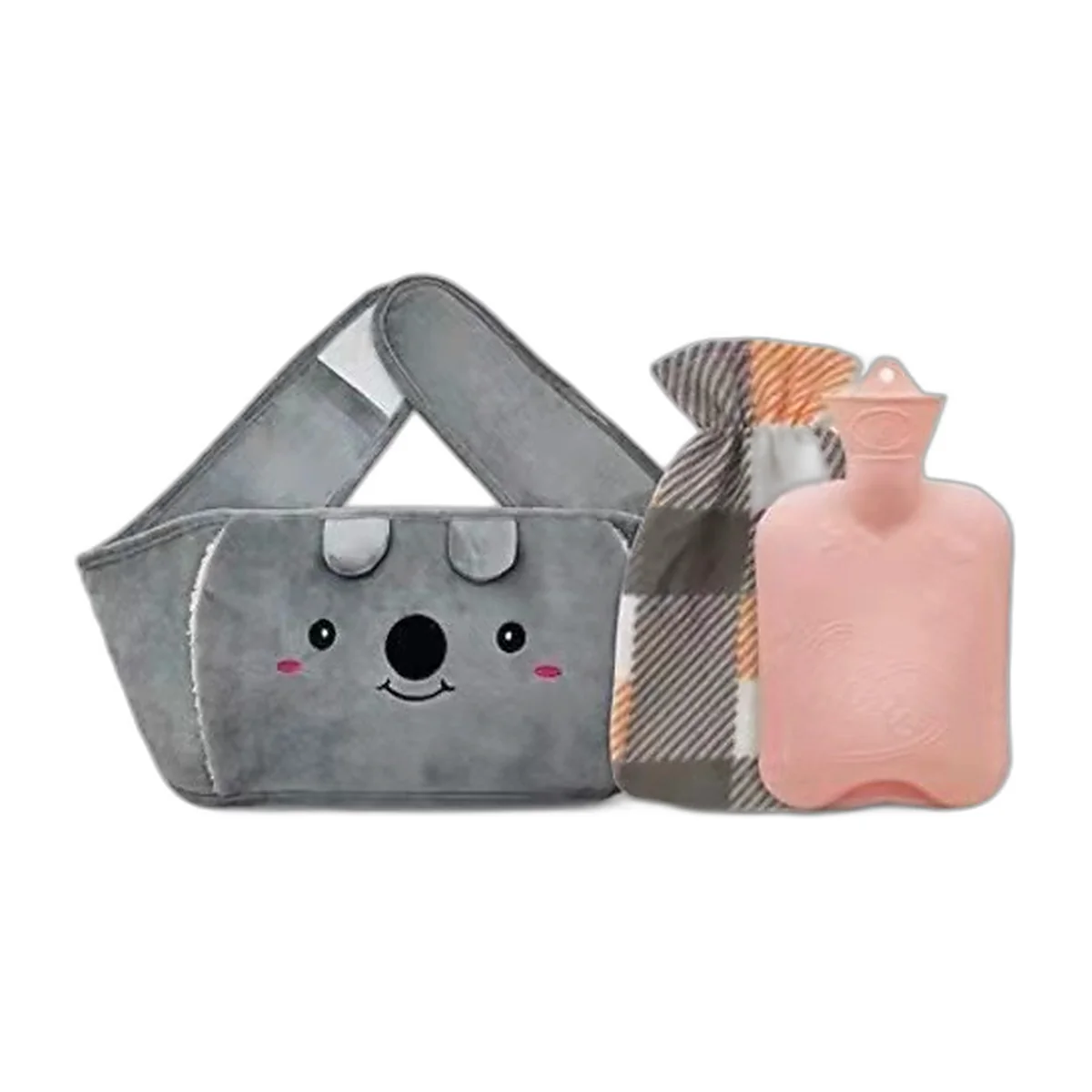 Grey flannel hot water bottle belt with pink bottle