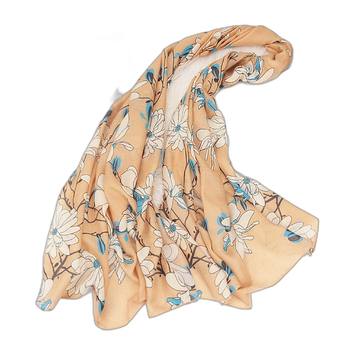 Cotton shawl with white flowers on sand background, draped