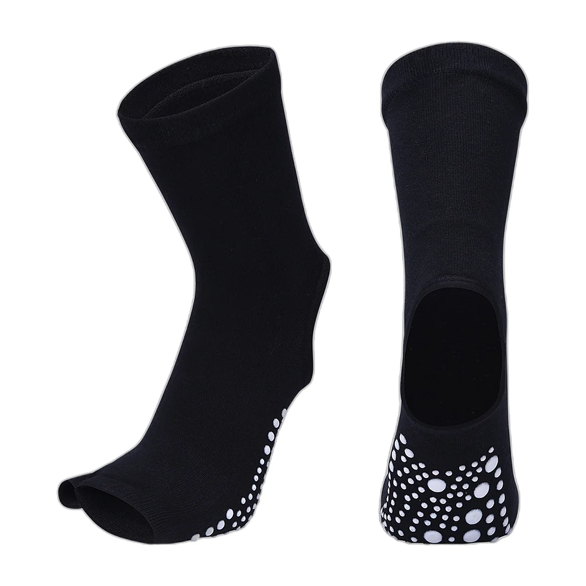Pair of black yoga socks with white grip dots