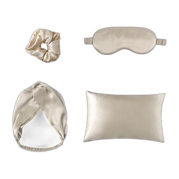 Champagne satin pillowcase, mask, headband and scrunchie