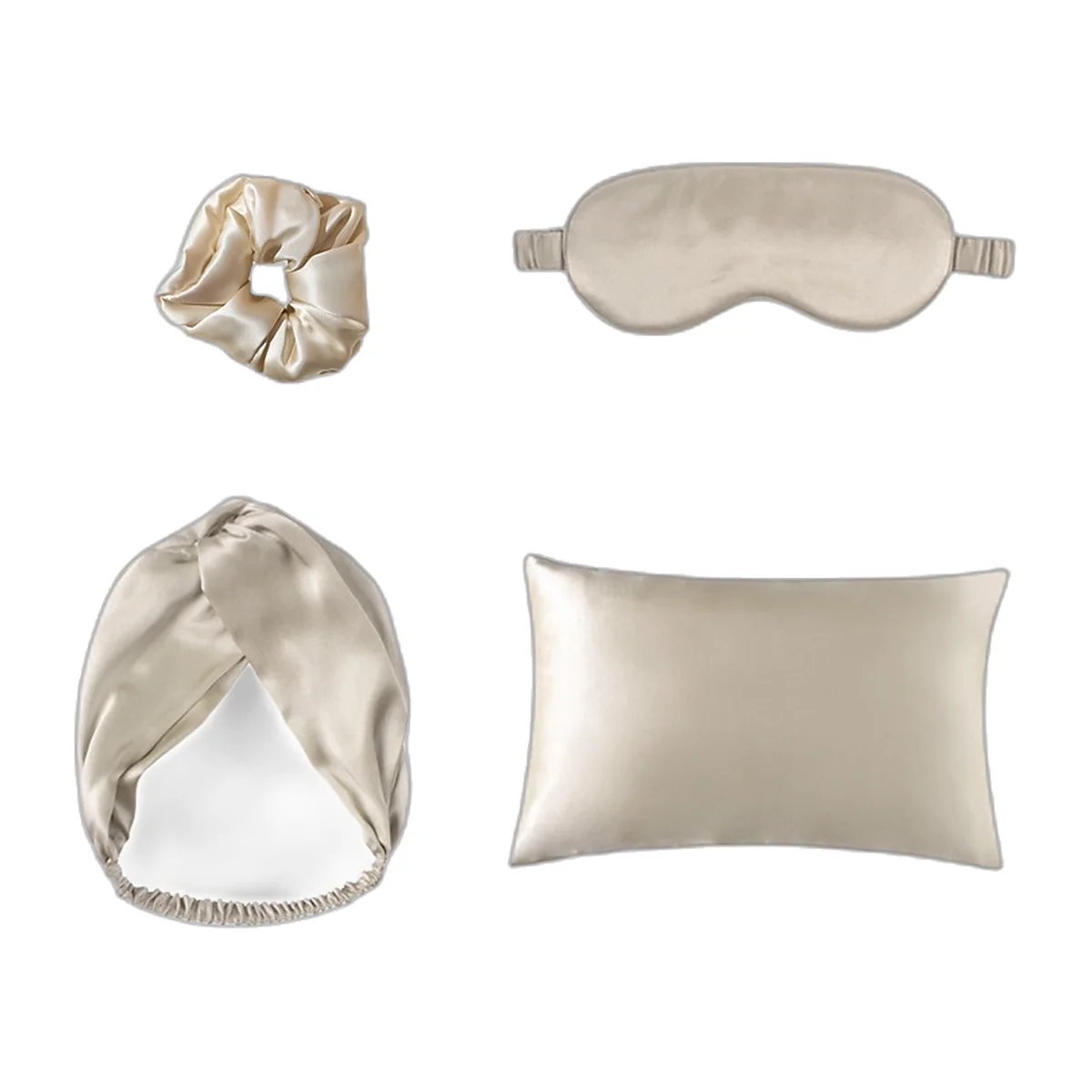 Champagne satin pillowcase, mask, headband and scrunchie