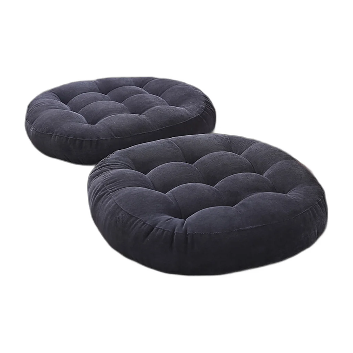 Round tufted floor cushion in charcoal corduroy