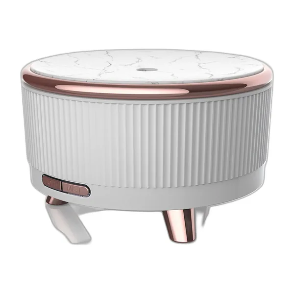 Round white ultrasonic diffuser with marble-effect lid and golden feet