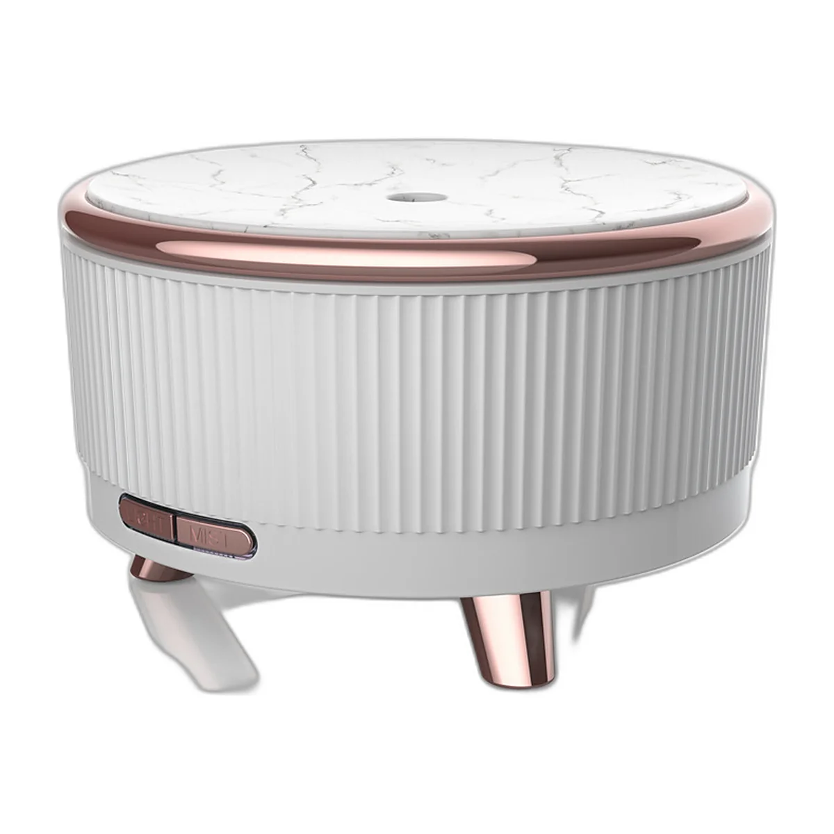Round white ultrasonic diffuser with marble-effect lid and golden feet