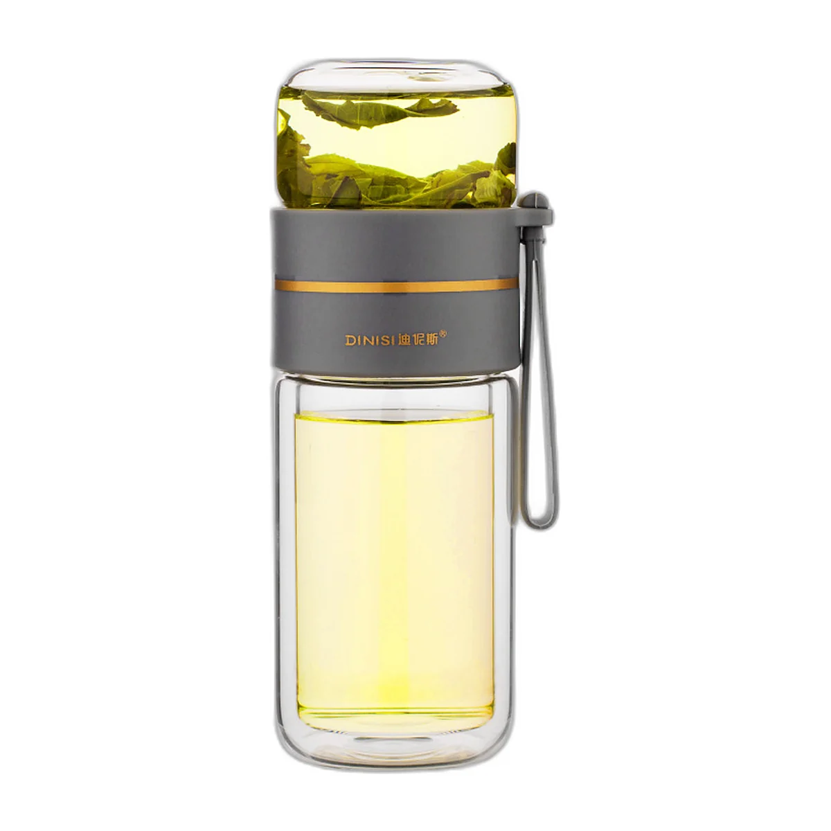 Grey double-wall glass bottle with a tea chamber full of leaves