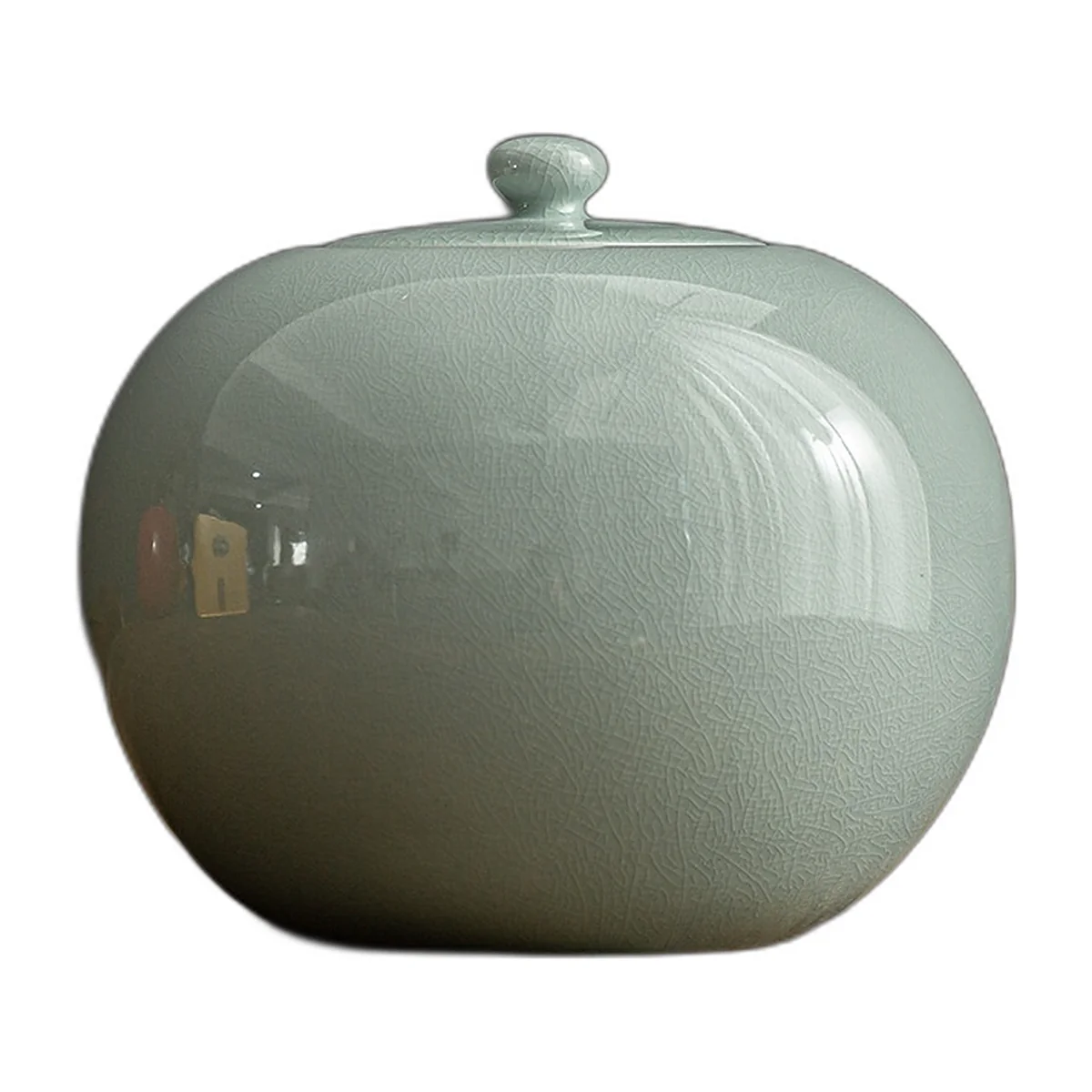 Large round crackle celadon porcelain jar with lid