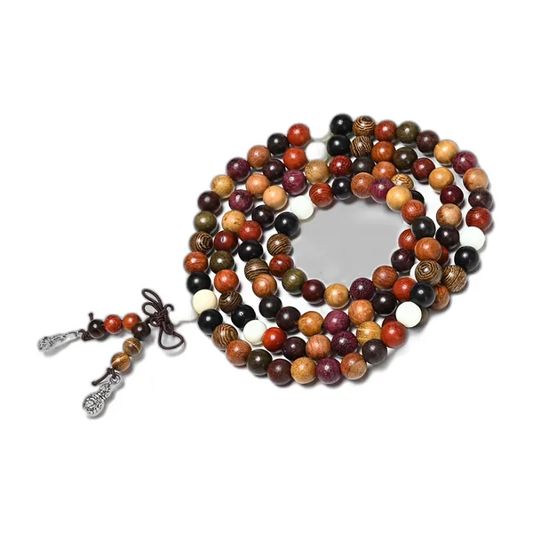 108-bead mixed-wood mala laid out in a circle