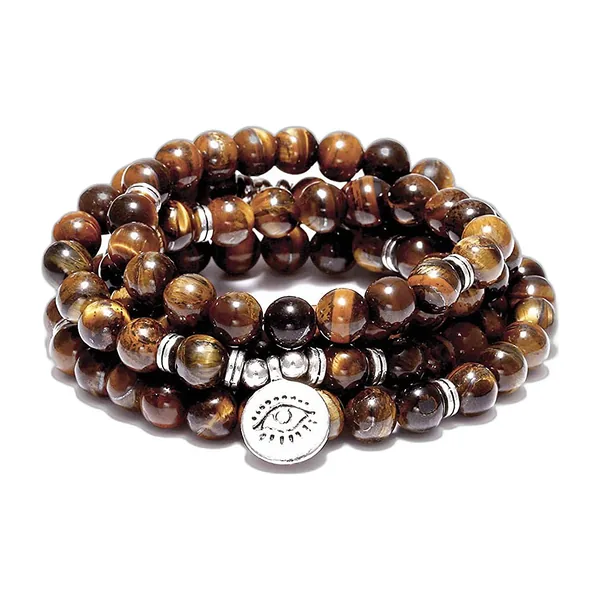 Wrapped 108-bead tiger’s eye mala with silver charm