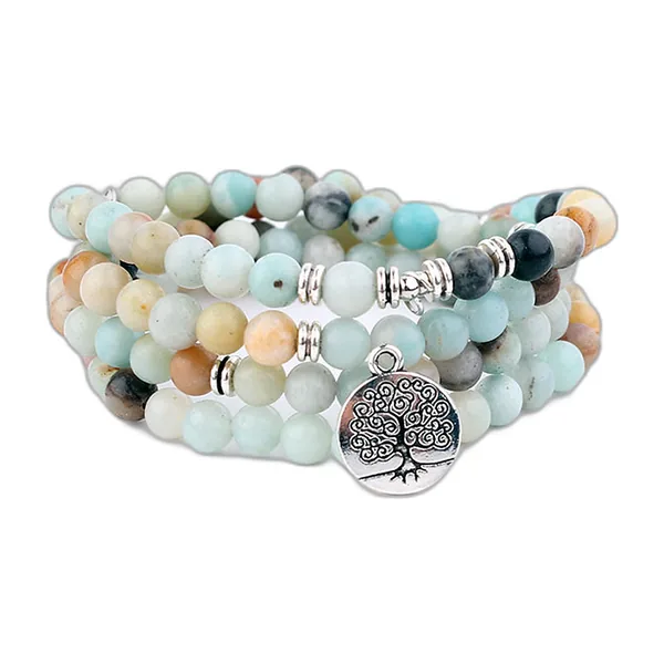 Wrapped 108-bead amazonite mala with tree of life charm
