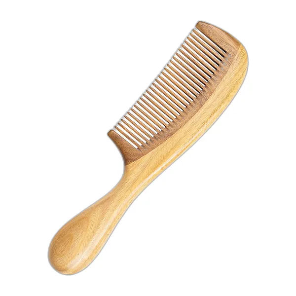 Light veined wooden comb with fine teeth and a rounded handle