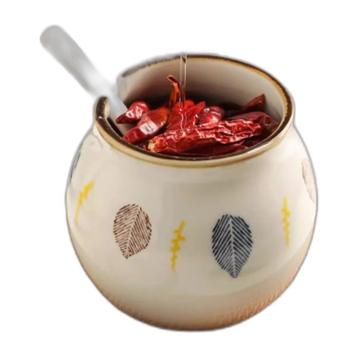 Round cream ceramic jar painted with leaves, brown lid