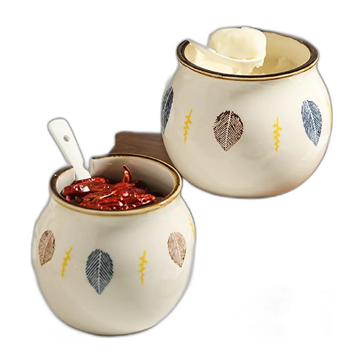 Leaf-painted ceramic jar, 670 ml, notched lid — photo 4 of 4