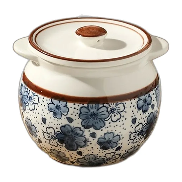 Cream ceramic jar with lid and blue cherry blossom pattern