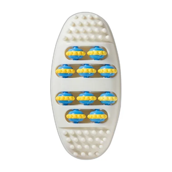 White foot massager with blue and yellow rollers, top view