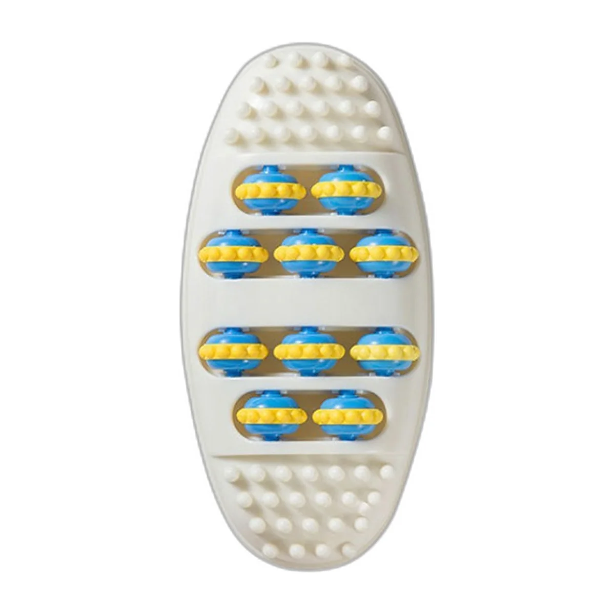 White foot massager with blue and yellow rollers, top view