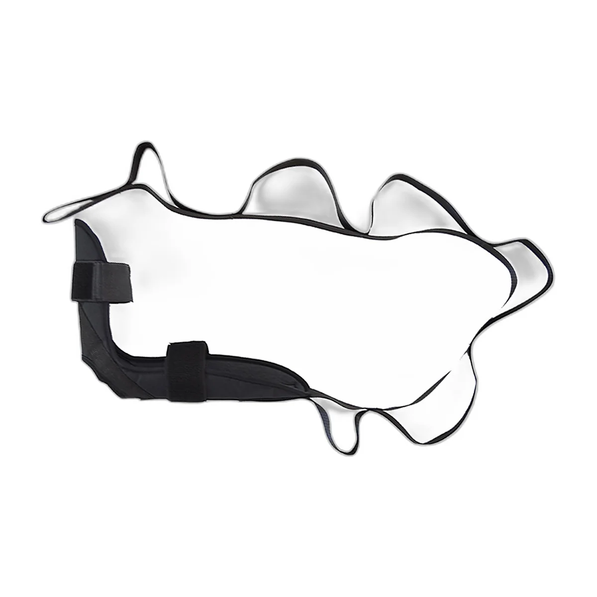 Black looped stretching strap with padded foot cradle, laid flat