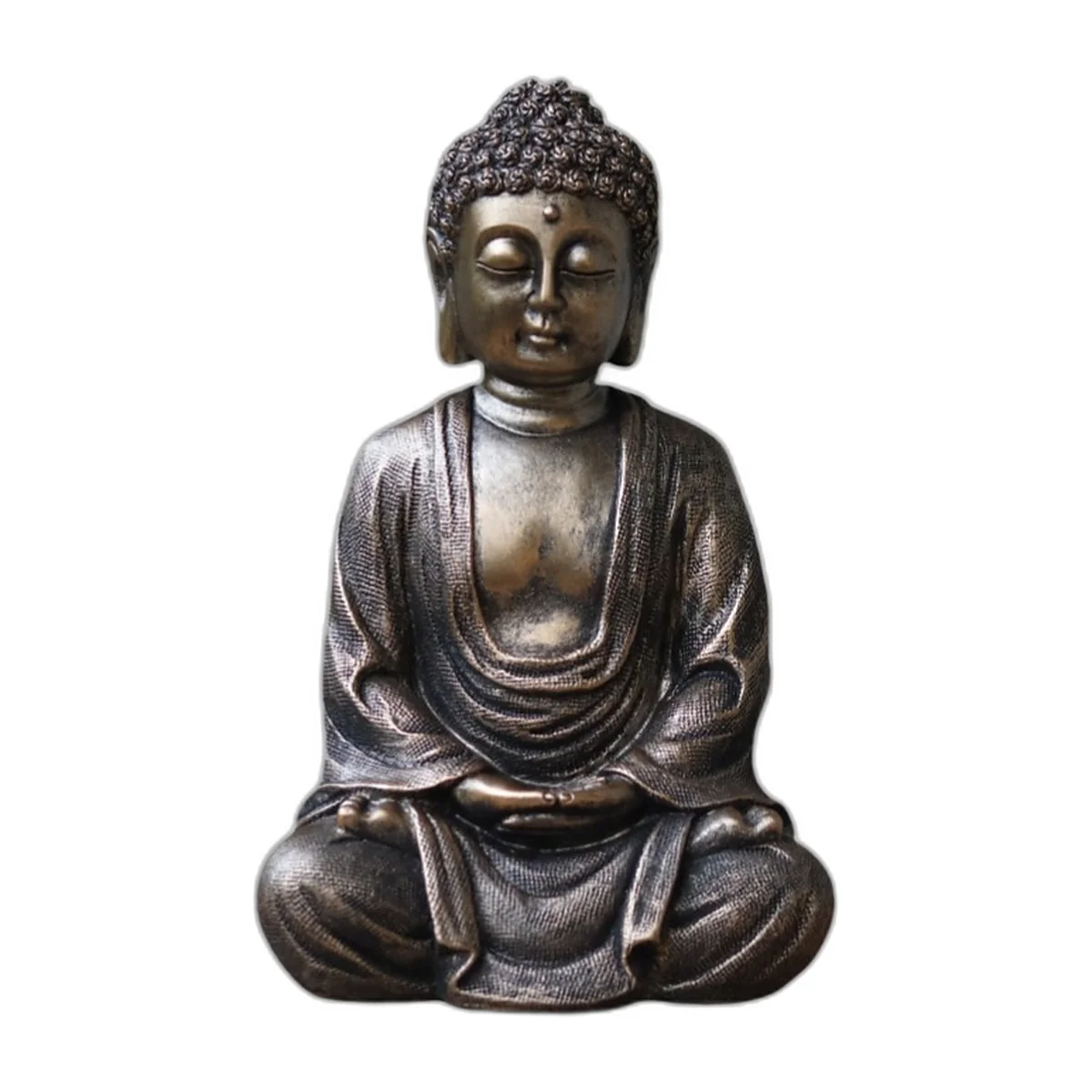 Seated meditating Buddha figurine, bronze patina, front view