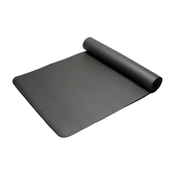 Black 8 mm yoga mat half unrolled, three-quarter view