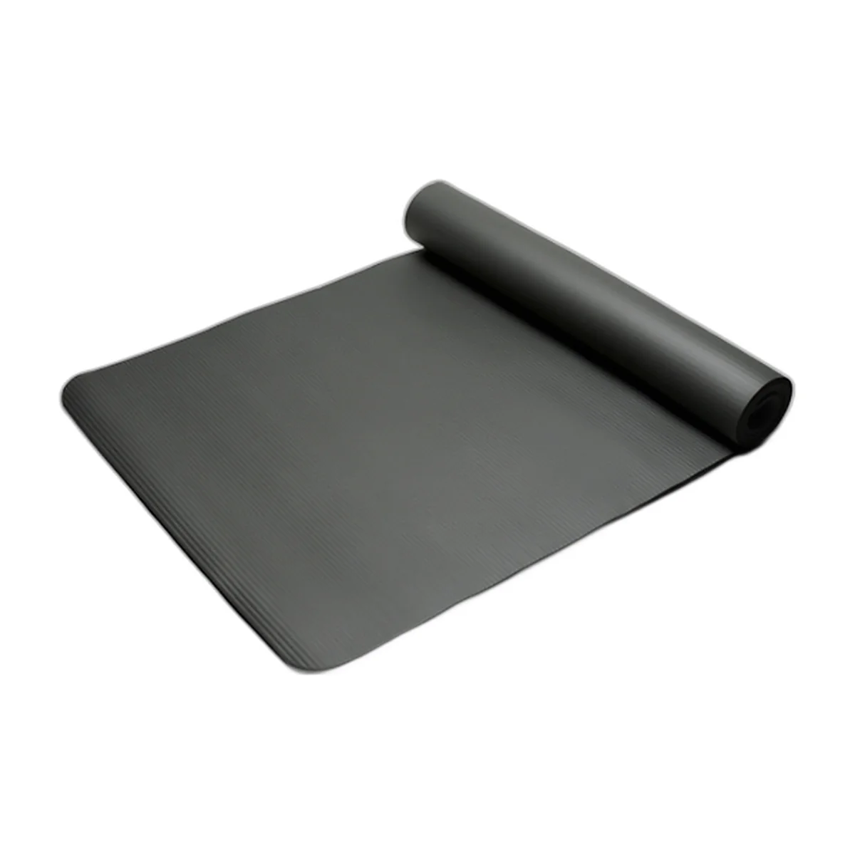 Black 8 mm yoga mat half unrolled, three-quarter view