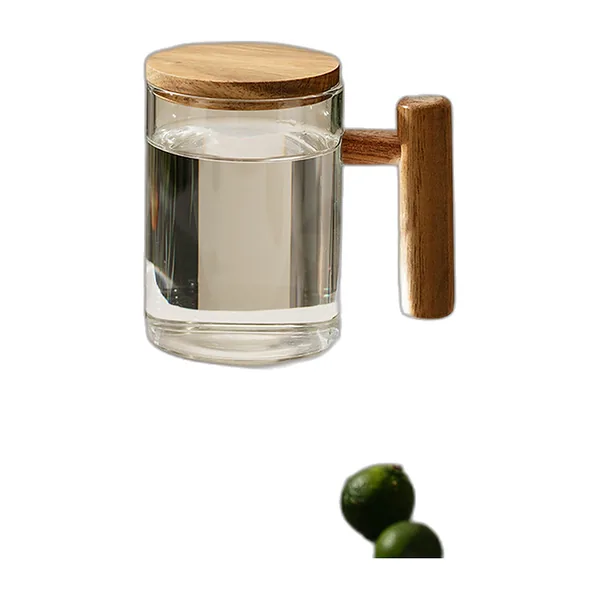 Smoked grey glass mug with wooden handle and lid