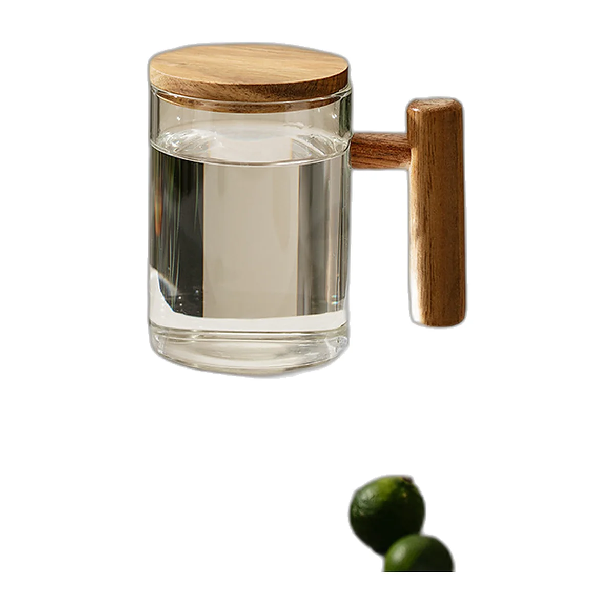 Smoked grey glass mug with wooden handle and lid