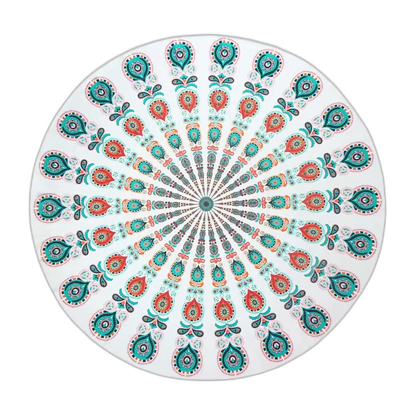 Round white and turquoise mandala tapestry laid flat
