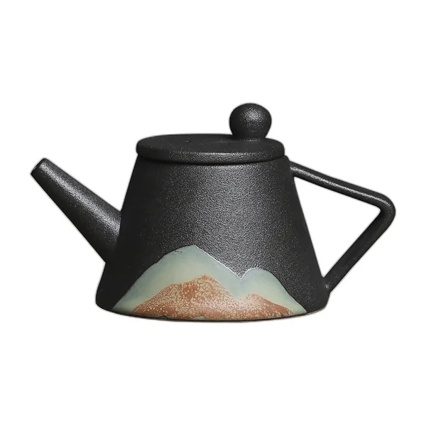 Matte black ceramic teapot with mountain decor