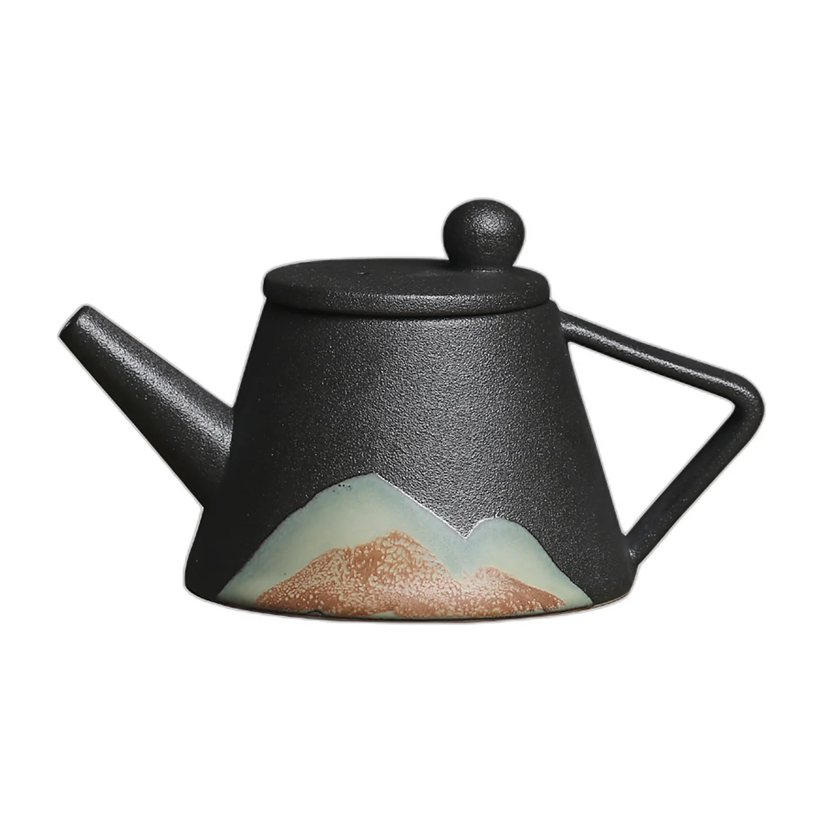 Matte black ceramic teapot with mountain decor