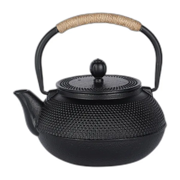 Black hobnail cast iron teapot with cord-wrapped handle