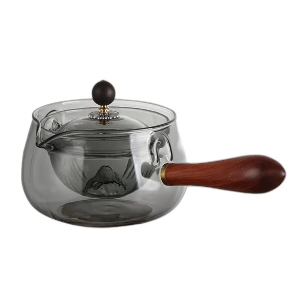 Smoked grey glass teapot with built-in infuser, wooden side handle and knobbed lid