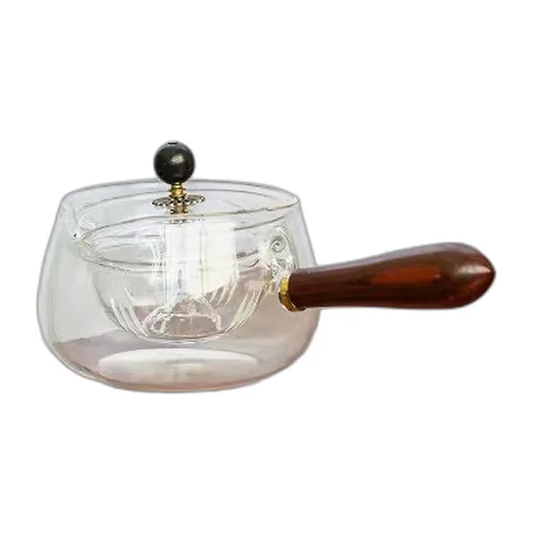 Glass teapot with rotating infuser and wooden handle — view 2