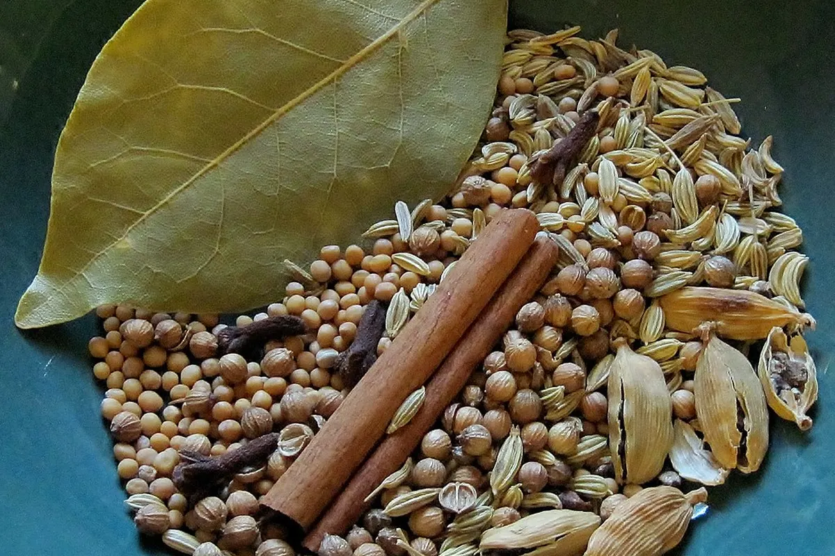 Whole spices in a bowl: cinnamon stick, cardamom, coriander and bay leaf